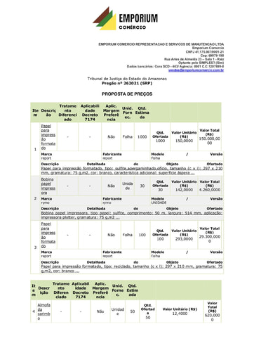 PREGÃO ELETRÔNICO Nº 026/2021 - PROPOSTA  - GRUPO 1 - EMPORIUM COMÉRCIO