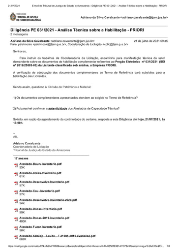 PREGÃO ELETRÔNICO Nº 031/2021 – DILIGÊNCIA CPL À DIVISÃO DE PATRIMÔNIO - DOCUMENTAÇÃO - PRIORI