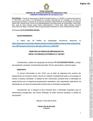 PREGÃO ELETRÔNICO Nº 020/2021 - RESPOSTA AO PEDIDO DE IMPUGNAÇÃO - TK ELEVADORES BRASIL