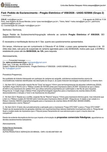 PREGÃO ELETRÔNICO Nº 058/2026 - PEDIDO DE ESCLARECIMENTO - ALPHA