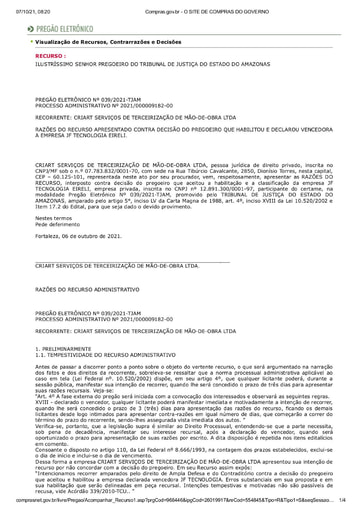 PREGÃO ELETRÔNICO Nº 039/2021 - RAZÕES RECURSAIS - CRIART