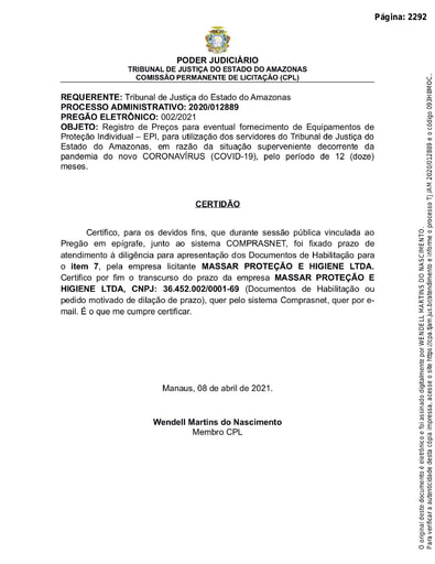 PREGÃO ELETRÔNICO Nº 002/2021 - CERTIDÃO DECURSO DE PRAZO - HABILITAÇÃO - ITEM 7 - MASSAR PROTEÇÃO