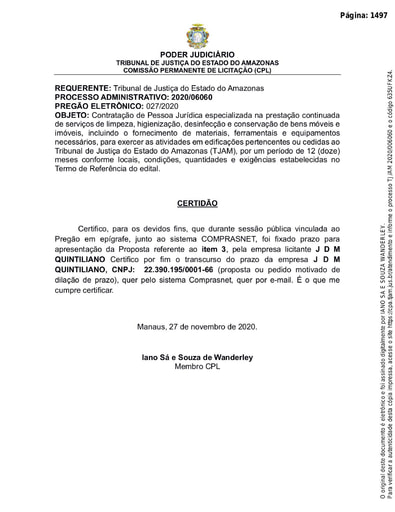 PREGÃO ELETRÔNICO Nº 027/2020 - CERTIDÃO DECURSO DE PRAZO ITEM 3 - J D M