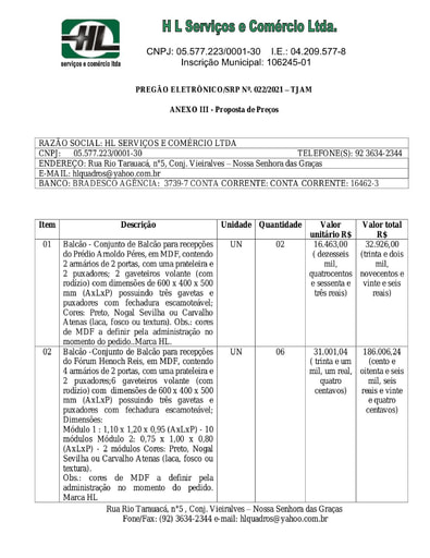 PREGÃO ELETRÔNICO Nº 022/2021 - PROPOSTA - ITEM 3 - H L SERVIÇOS