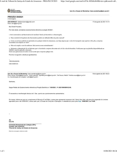 PREGÃO ELETRÔNICO Nº 039/2021 - PEDIDO DE ESCLARECIMENTO - DED SERVICE
