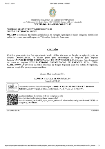 PREGÃO ELETRÔNICO Nº 043/2021 – CERTIDÃO - DECURSO DE PRAZO - UNIPUBLICIDADE