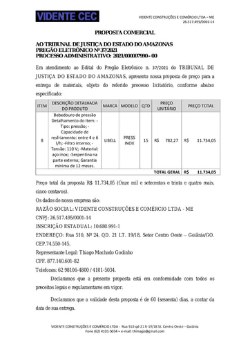 PREGÃO ELETRÔNICO Nº 037/2021 - PROPOSTA  - ITEM 8 - VIDENTE