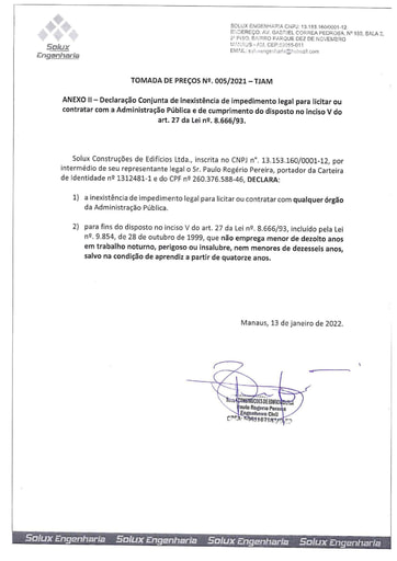 TOMADA DE PREÇOS Nº 005/2021 - DECLARAÇÕES - SOLUX