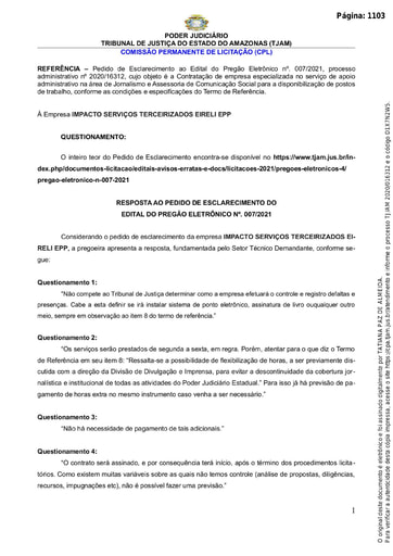 PREGÃO ELETRÔNICO Nº 007/2021 – RESPOSTA AO PEDIDO DE ESCLARECIMENTO - IMPACTO SERVIÇOS