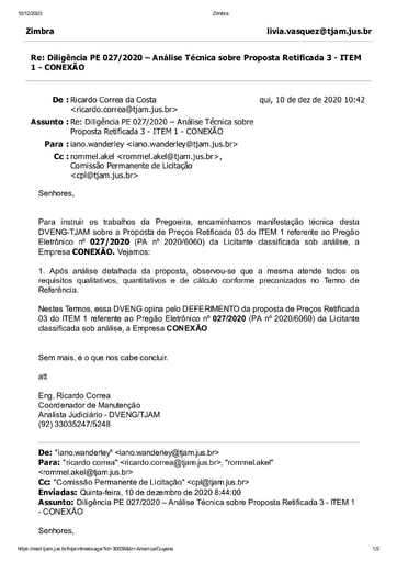PREGÃO ELETRÔNICO Nº 027/2020 - DILIGÊNCIA CPL À DIVISÃO DE ENGENHARIA - PROPOSTA RETIFICADA 3 - ITEM 1 - CONEXÃO