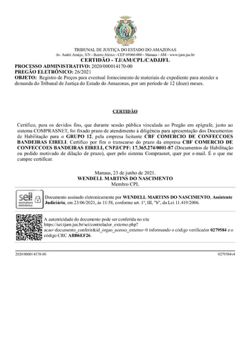 PREGÃO ELETRÔNICO Nº 026/2021 - CERTIDÃO DECURSO DE PRAZO - HABILITAÇÃO - GRUPO 12 - CBF COMÉRCIO