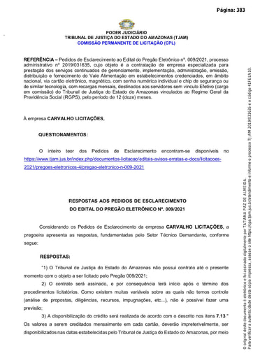 PREGÃO ELETRÔNICO Nº 009/2021 - RESPOSTA AO PEDIDO DE ESCLARECIMENTO - CARVALHO LICITAÇÕES