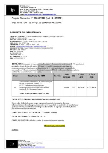 PREGÃO ELETRÔNICO Nº 031/2026 - PROPOSTA - FRANCINEIDE GOMES SANTOS PAMPONET LTDA