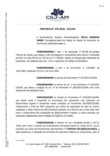 Portaria nº 279/2020-CGJ/AM ( AUTORIZAR o Exmo. Sr. Dr. RAFAEL DE ALMEIDA CRÓ BRITO, Juiz de Direito da 3ª Vara de Itacoatiara, a realizar a cerimônia coletiva de casamento civil no dia 26/11/2020)