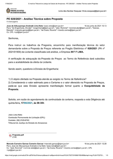 PREGÃO ELETRÔNICO Nº 028/2021 - DILIGÊNCIA CPL À DIVISÃO DE ENGENHARIA - PROPOSTA - M. F. F. LIMA