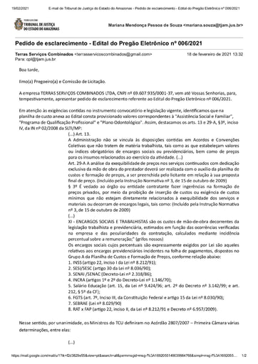 PREGÃO ELETRÔNICO Nº 006/2021 – PEDIDO DE ESCLARECIMENTO - TERRAS SERVIÇOS