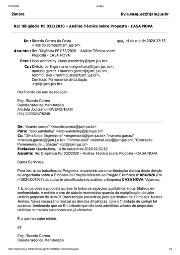 PREGÃO ELETRÔNICO Nº 023/2020 - DILIGÊNCIA CPL À DIVISÃO DE ENGENHARIA - PROPOSTA - CASA NOVA ENGENHARIA