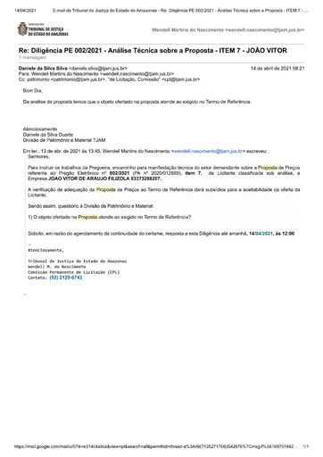 PREGÃO ELETRÔNICO Nº 002/2021 – DILIGÊNCIA CPL À DIVISÃO DE PATRIMÔNIO E MATERIAL - PROPOSTA  -  ITEM 7 - JOÃO VITOR