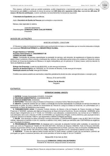 PREGÃO ELETRÔNICO Nº 043/2022 - AVISO DE LICITAÇÃO (DJE)