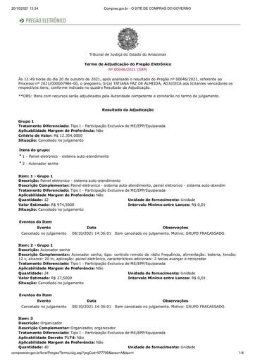 PREGÃO ELETRÔNICO Nº 46/2021 - TERMO DE ADJUDICAÇÃO