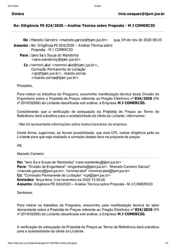 PREGÃO ELETRÔNICO Nº 024/2020 - DILIGÊNCIA CPL À DIVISÃO DE ENGENHARIA - PROPOSTA - M J COMERCIO