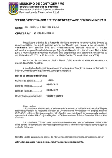 PREGÃO ELETRÔNICO Nº 45/2021 - HABILITAÇÃO - DOCUMENTOS RETIRADOS DO SICAF E SITES - ITEM 3 - SMS