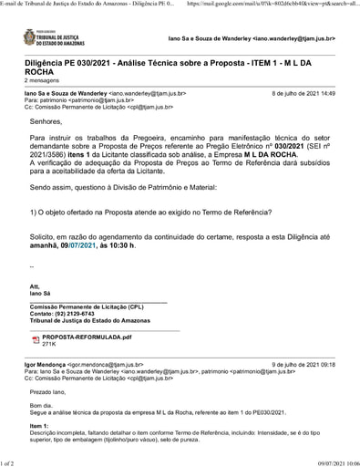 PREGÃO ELETRÔNICO Nº 030/2021 - DILIGÊNCIA CPL À DIVISÃO DE PATRIMÔNIO - PROPOSTA - ITEM 1 - M L DA ROCHA