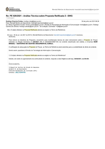 PREGÃO ELETRÔNICO Nº 029/2021 - DILIGÊNCIA CPL À DIVISÃO DE TECNOLOGIA - PROPOSTA RETIFICADA 2- SWG BRASIL