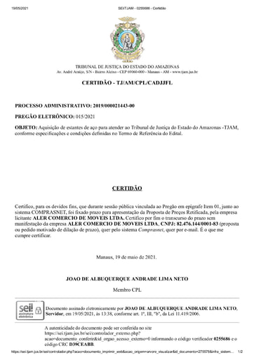 PREGÃO ELETRÔNICO Nº 015/2021 - CERTIDÃO DECURSO DE PRAZO - ITEM 1 - ALER