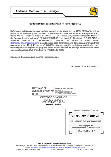 PREGÃO ELETRÔNICO Nº 002/2021 - DILIGÊNCIA - HABILITAÇÃO - DOCUMENTOS COMPLEMENTARES - ITEM 2 - CRISTIANO DE ANDRADE