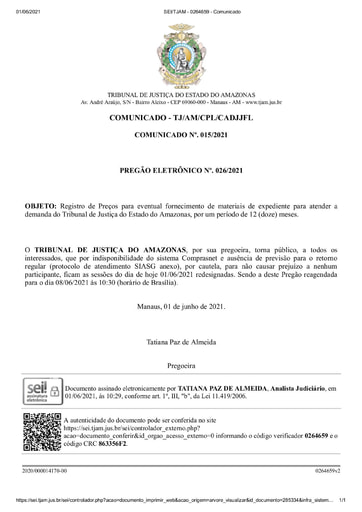 PREGÃO ELETRÔNICO Nº 026/2021 - COMUNICADO CPL