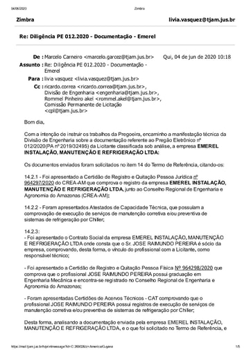 PREGÃO ELETRÔNICO N° 012/2020 – DILIGÊNCIA CPL À DIVISÃO DE ENGENHARIA - DOCUMENTAÇÃO - EMEREL