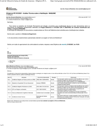 PREGÃO ELETRÔNICO Nº 013/2021 - DILIGÊNCIA CPL À DIVISÃO DE ENGENHARIA - DOC. COMPLEMENTAR - MAQUINE