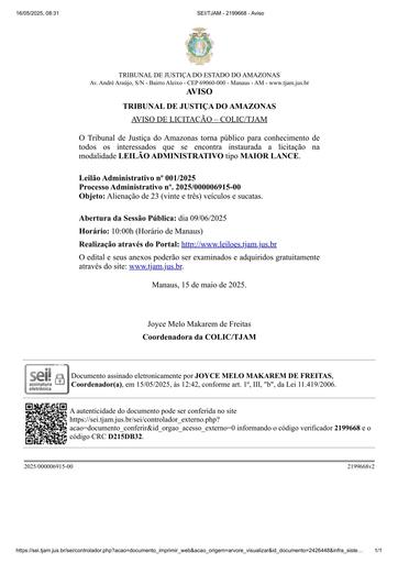LEILÃO ADMINISTRATIVO ELETRÔNICO Nº 001/2025 - AVISO DE LICITAÇÃO