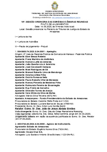 16. Sessão ordinária de julgamento das E. Câmaras Reunidas - 14.05.2025, às 9 Horas (hora local)