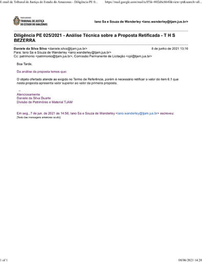 PREGÃO ELETRÔNICO Nº 025/2021 - DILIGÊNCIA CPL À DIVISÃO DE PATRIMÔNIO - PROPOSTA RETIFICADA - T. H. S. BEZERRA