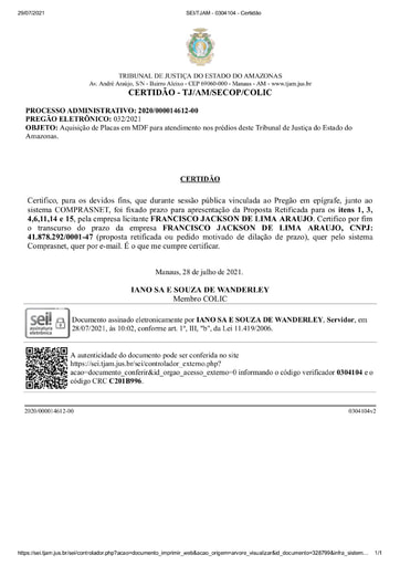 PREGÃO ELETRÔNICO Nº 032/2021 - CERTIDÃO DECURSO DE PRAZO - FRANCISCO
