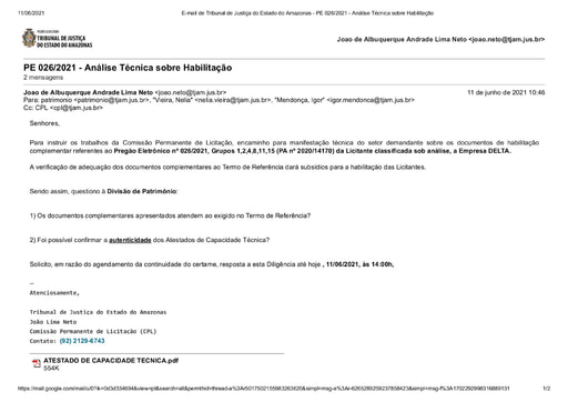 PREGÃO ELETRÔNICO Nº 026/2021 - DILIGÊNCIA CPL À DVPM - HABILITAÇÃO - G1,G2,G4,G8,G11,G15 - DELTA