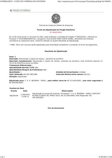 PREGÃO ELETRÔNICO Nº 025/2021 - TERMO DE ADJUDICAÇÃO