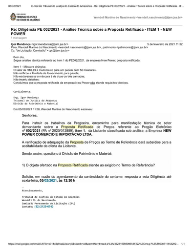 PREGÃO ELETRÔNICO Nº 002/2021 – DILIGÊNCIA CPL À DIVISÃO DE PATRIMÔNIO E MATERIAL - PROPOSTA RETIFICADA  - ITEM 1 - NEW POWER