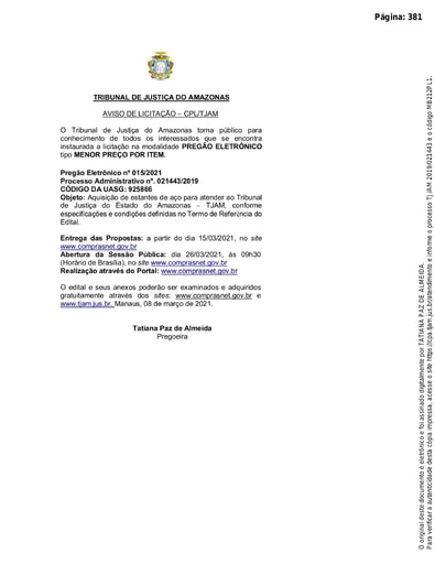 PREGÃO ELETRÔNICO Nº 015/2021 - AVISO DE LICITAÇÃO