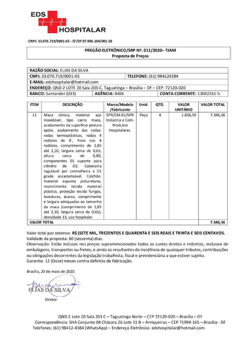 PREGÃO ELETRÔNICO Nº 011/2020 - PROPOSTA - ITEM 11 - ELIAS DA SILVA