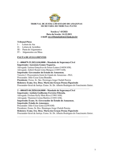 Pauta do Tribunal Pleno de 14 12 2021