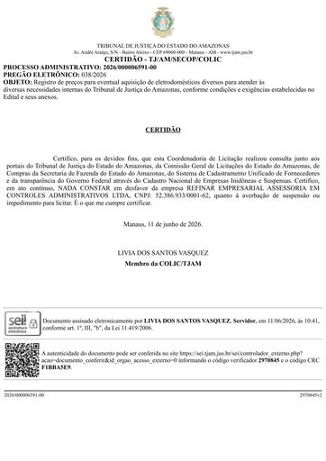 PREGÃO ELETRÔNICO Nº 038/2026 - CERTIDÃO NADA CONSTA - REFINAR - G3