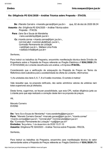 PREGÃO ELETRÔNICO Nº 024/2020 - DILIGÊNCIA CPL À DIVISÃO DE ENGENHARIA - PROPOSTA - ITACOL