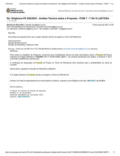 PREGÃO ELETRÔNICO Nº 002/2021 – DILIGÊNCIA CPL À DIVISÃO DE PATRIMÔNIO E MATERIAL - PROPOSTA - ITEM 7 - T DA S LUSTOSA