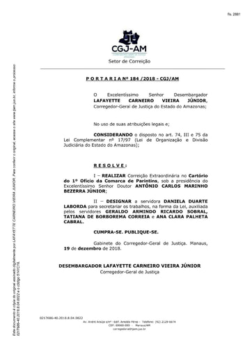 Portaria nº184/2018-CGJ/AM (Realiza Correição Extraordinária no Cartório do 1º Ofício da Comarca de Parintins)