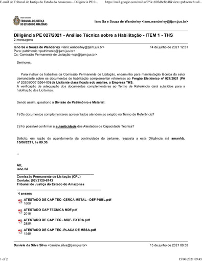 PREGÃO ELETRÔNICO Nº 027/2021 - DILIGÊNCIA CPL À DIVISÃO DE PATRIMÔNIO - HABILITAÇÃO - THS - ITEM 1