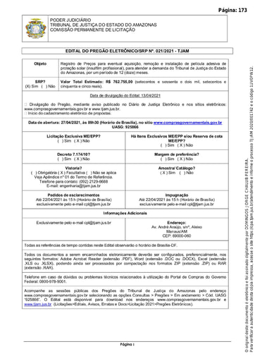 PREGÃO ELETRÔNICO Nº 021/2021 - EDITAL DE LICITAÇÃO