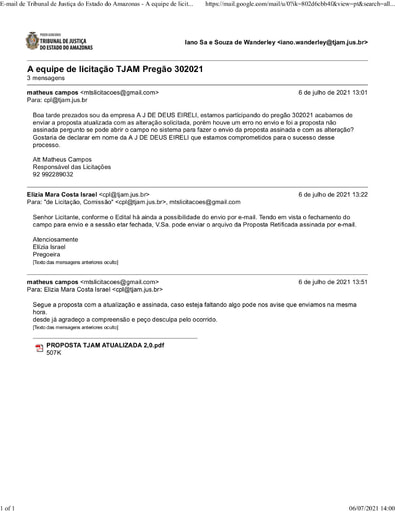 PREGÃO ELETRÔNICO Nº 030/2021 - E-MAIL - ITENS 1 E 2 - A J DE DEUS